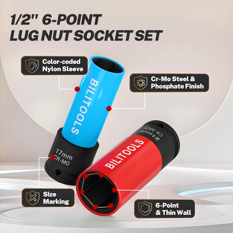BILITOOLS 1/2 inch Drive Impact Lug Nut Socket Set, Metric 17-19 - 21 mm & SAE 13/16-7/8 inch Non-Marring Thin Wall Wheel Nut Socket - Image 4