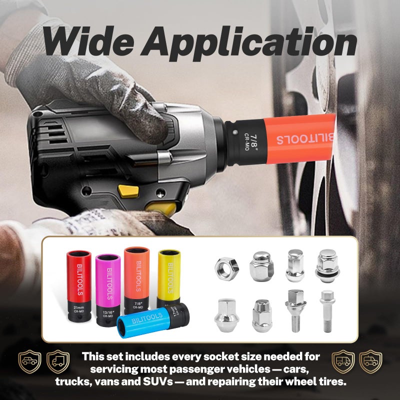 BILITOOLS 1/2 inch Drive Impact Lug Nut Socket Set, Metric 17-19 - 21 mm & SAE 13/16-7/8 inch Non-Marring Thin Wall Wheel Nut Socket - Image 3