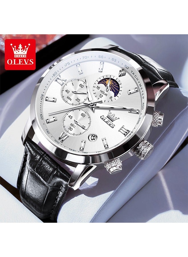 أوليفز OLEVS الرجال ساعات الجلد كرونوغراف الفاخرة الأزياء فستان التناظرية الكوارتز المعصم ساعة مضيئة للماء الشمس مرحلة التاريخ - Image 1