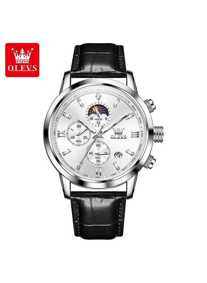 أوليفز OLEVS الرجال ساعات الجلد كرونوغراف الفاخرة الأزياء فستان التناظرية الكوارتز المعصم ساعة مضيئة للماء الشمس مرحلة التاريخ - Image 2