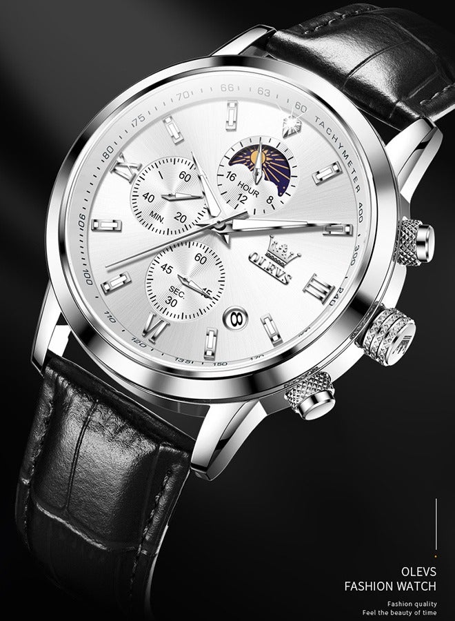 أوليفز OLEVS الرجال ساعات الجلد كرونوغراف الفاخرة الأزياء فستان التناظرية الكوارتز المعصم ساعة مضيئة للماء الشمس مرحلة التاريخ - Image 3