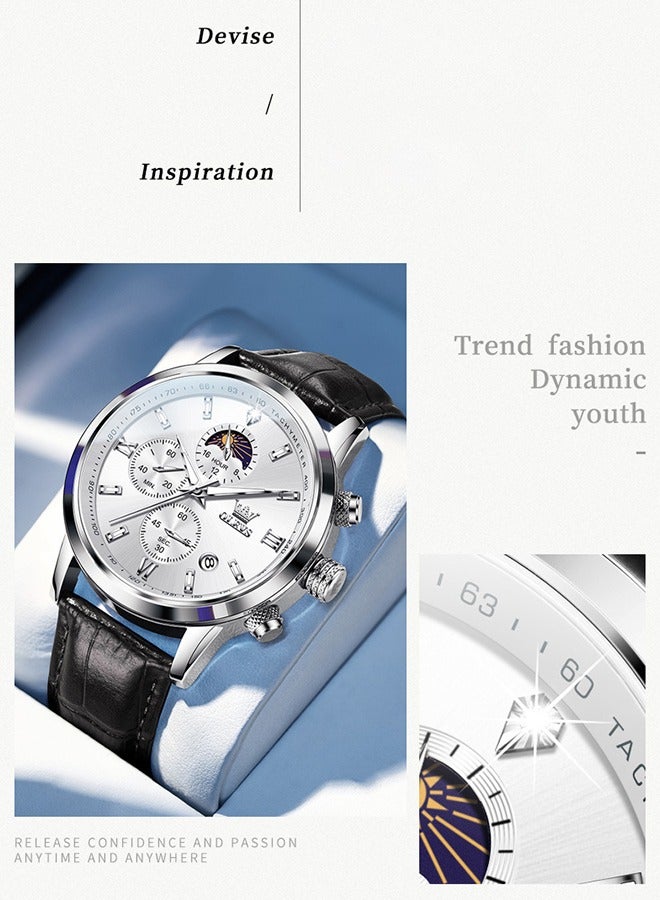 أوليفز OLEVS الرجال ساعات الجلد كرونوغراف الفاخرة الأزياء فستان التناظرية الكوارتز المعصم ساعة مضيئة للماء الشمس مرحلة التاريخ - Image 4