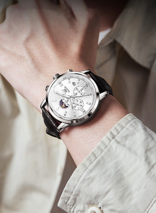 أوليفز OLEVS الرجال ساعات الجلد كرونوغراف الفاخرة الأزياء فستان التناظرية الكوارتز المعصم ساعة مضيئة للماء الشمس مرحلة التاريخ - Image 5