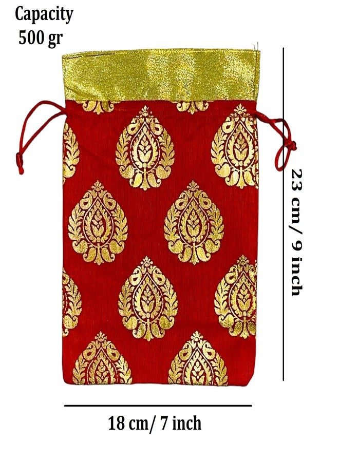 Kriwin Pack of Ten Pcs Women's Silk Drawstring Closure Small Size Gift Potli Bags Pouches(23 X 18 cm; Red & Golden) (10) - Image 2