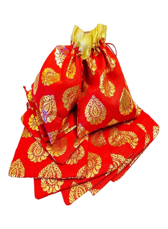 Kriwin Pack of Ten Pcs Women's Silk Drawstring Closure Small Size Gift Potli Bags Pouches(23 X 18 cm; Red & Golden) (10) - Image 1