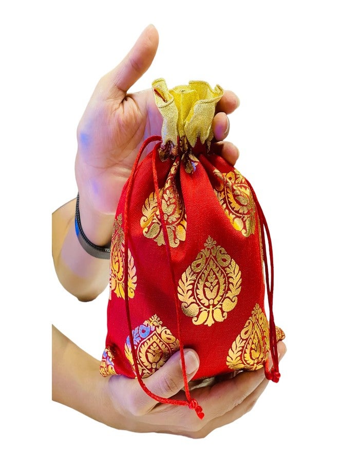 Kriwin Pack of Ten Pcs Women's Silk Drawstring Closure Small Size Gift Potli Bags Pouches(23 X 18 cm; Red & Golden) (10) - Image 3
