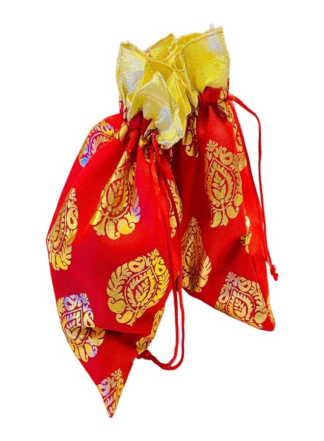 Kriwin Pack of Ten Pcs Women's Silk Drawstring Closure Small Size Gift Potli Bags Pouches(23 X 18 cm; Red & Golden) (10) - Image 5