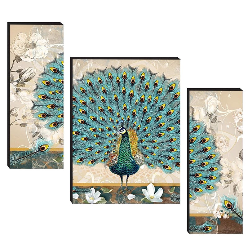Masstone UV Laminated Beautiful Dancing Peacock Wall Art Multicolor Floral 12 x 18 Inch Digital Reprint Set of 3