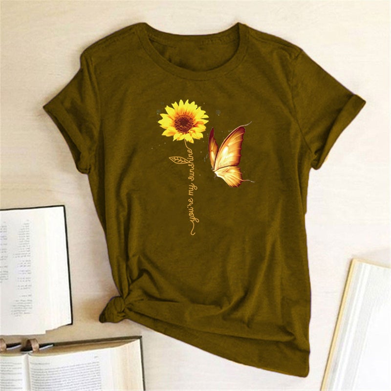 Wish Independent Station Butterfly Sunflower Pattern Printed Short Sleeve T-Shirt - Image 3