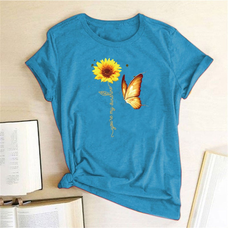Wish Independent Station Butterfly Sunflower Pattern Printed Short Sleeve T-Shirt - Image 1