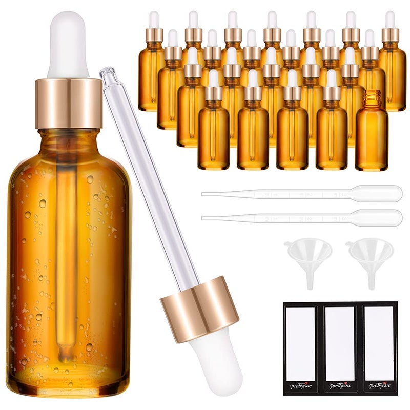 PrettyCare 1oz Glass Dropper Bottle Set of 24, Thick Amber Empty Bottles with Leakproof Golden Caps, Labels, Funnels - 30ml Eye Dropper Bottles for Storage, Essential Oils, Tincture - Image 1