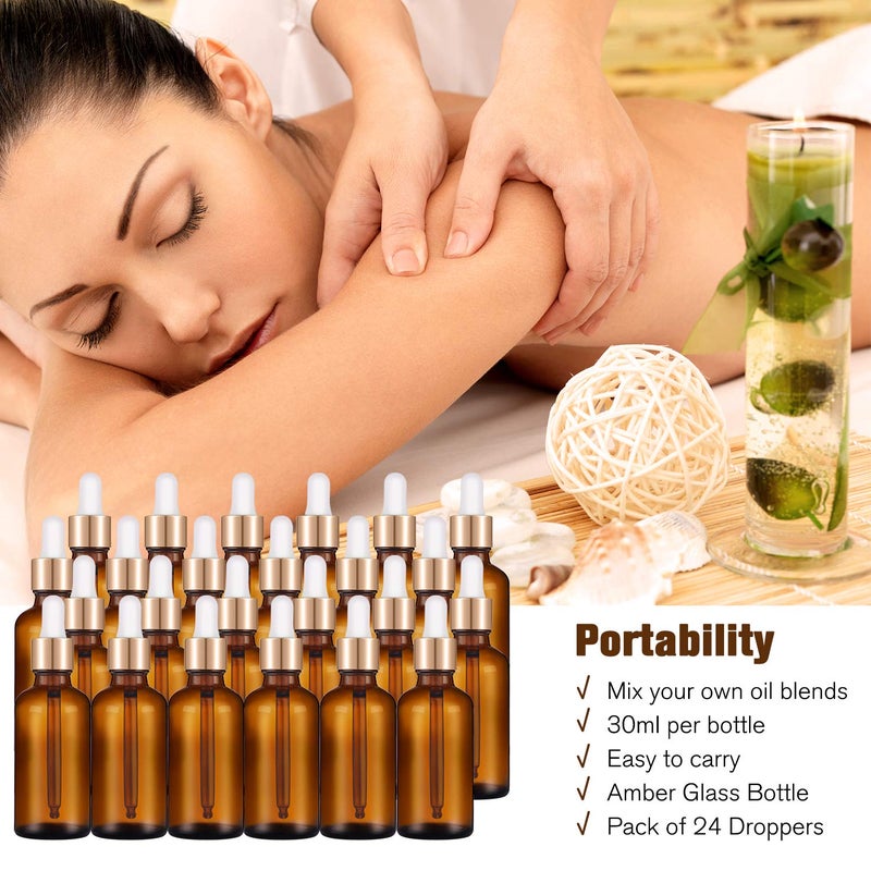 PrettyCare 1oz Glass Dropper Bottle Set of 24, Thick Amber Empty Bottles with Leakproof Golden Caps, Labels, Funnels - 30ml Eye Dropper Bottles for Storage, Essential Oils, Tincture - Image 2