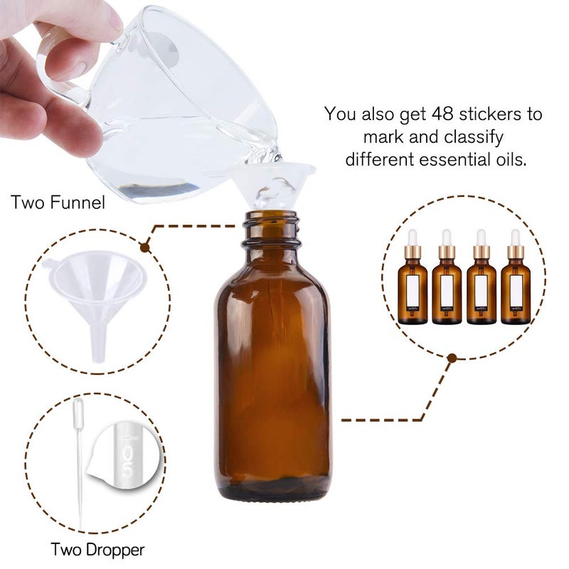 PrettyCare 1oz Glass Dropper Bottle Set of 24, Thick Amber Empty Bottles with Leakproof Golden Caps, Labels, Funnels - 30ml Eye Dropper Bottles for Storage, Essential Oils, Tincture - Image 3