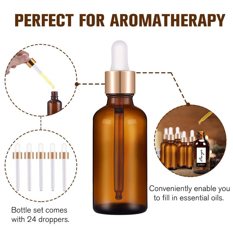 PrettyCare 1oz Glass Dropper Bottle Set of 24, Thick Amber Empty Bottles with Leakproof Golden Caps, Labels, Funnels - 30ml Eye Dropper Bottles for Storage, Essential Oils, Tincture - Image 4