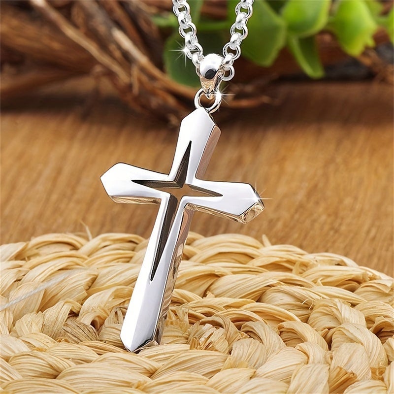 Generic Stainless Steel Hollow Cross Pendant Unisex Necklace steel color 