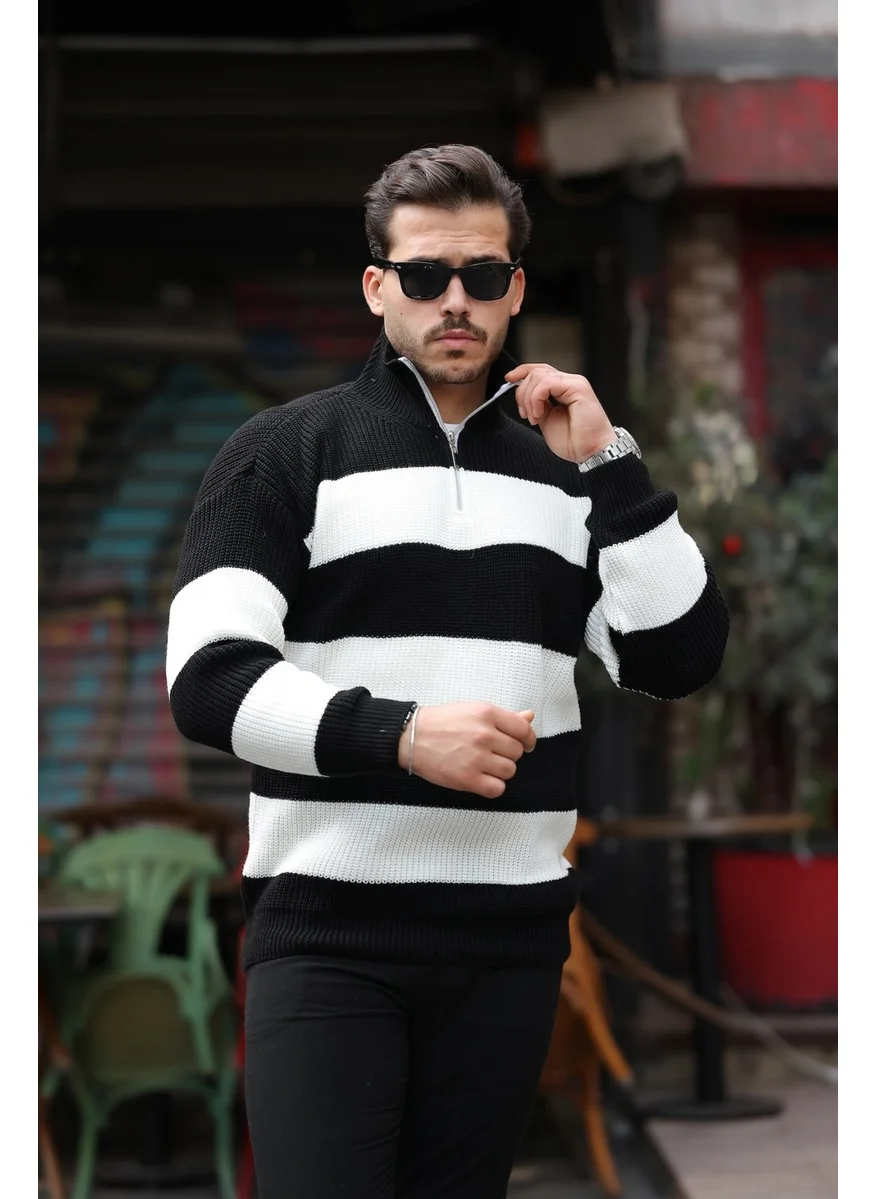 Valiberta Striped Selanik Knitted Half Zipper Knitwear Men's Sweater - Black