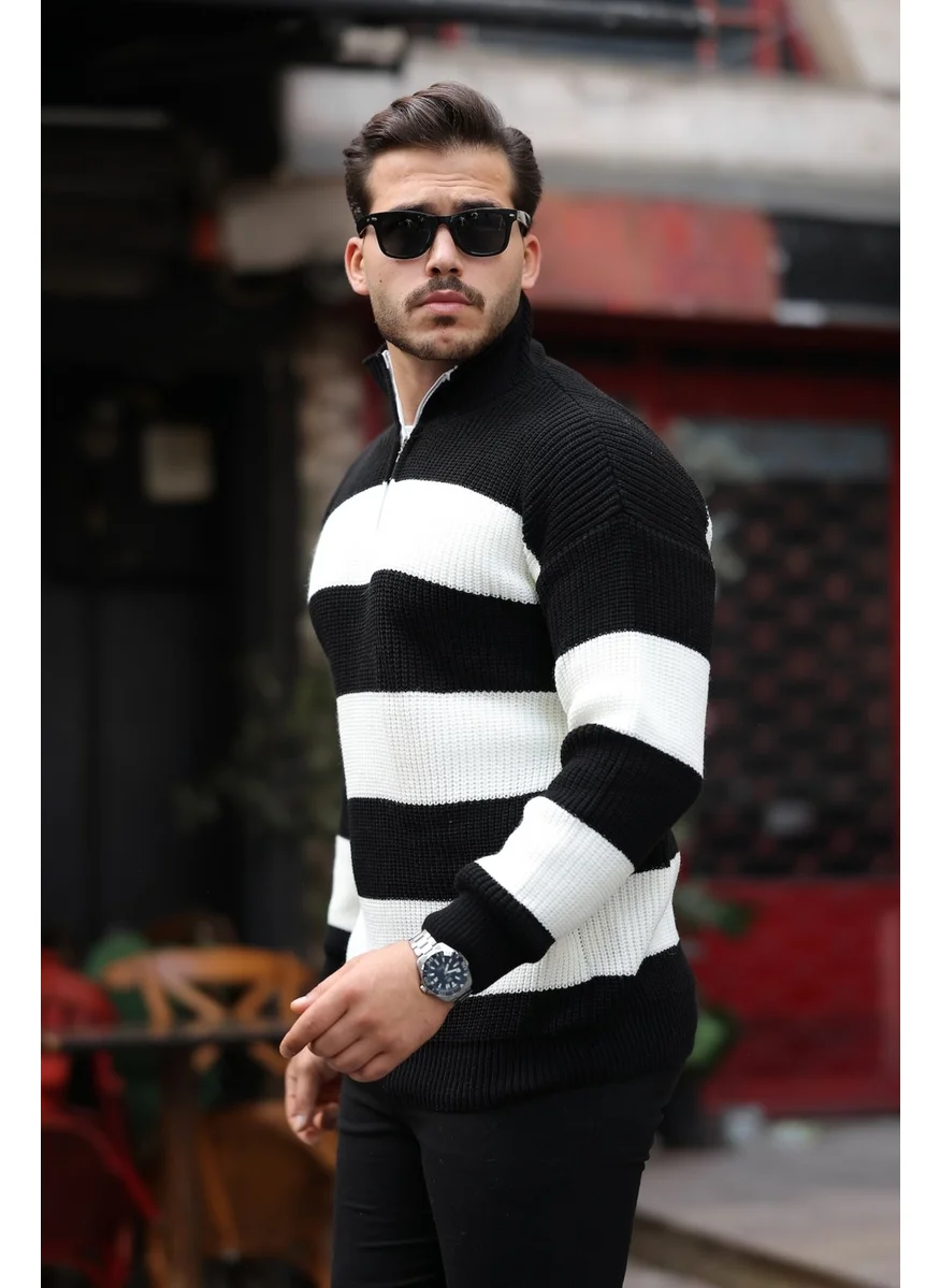 Valiberta Striped Selanik Knitted Half Zipper Knitwear Men's Sweater - Black
