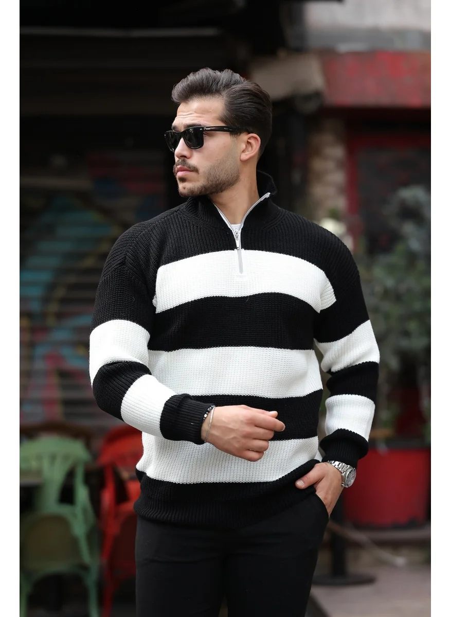 Valiberta Striped Selanik Knitted Half Zipper Knitwear Men's Sweater - Black