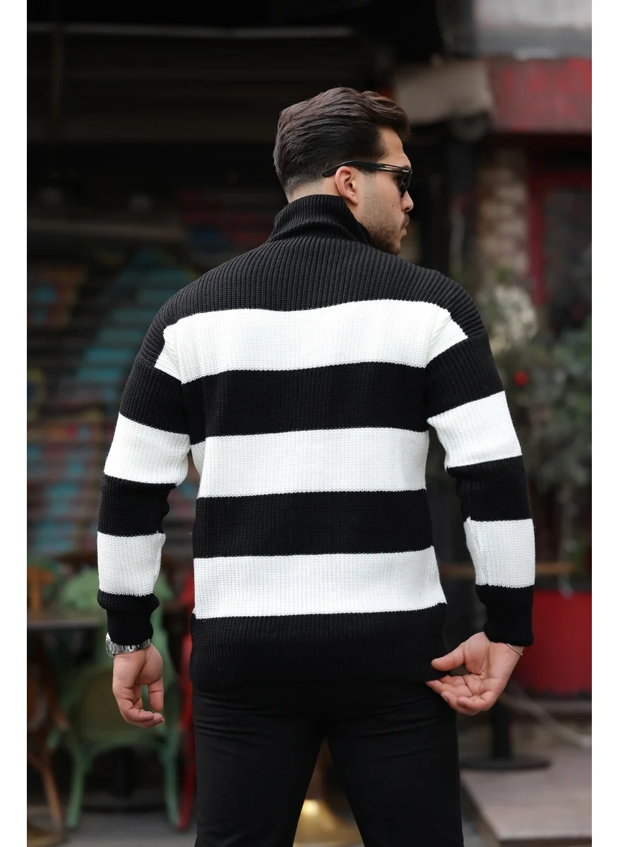 Valiberta Striped Selanik Knitted Half Zipper Knitwear Men's Sweater - Black