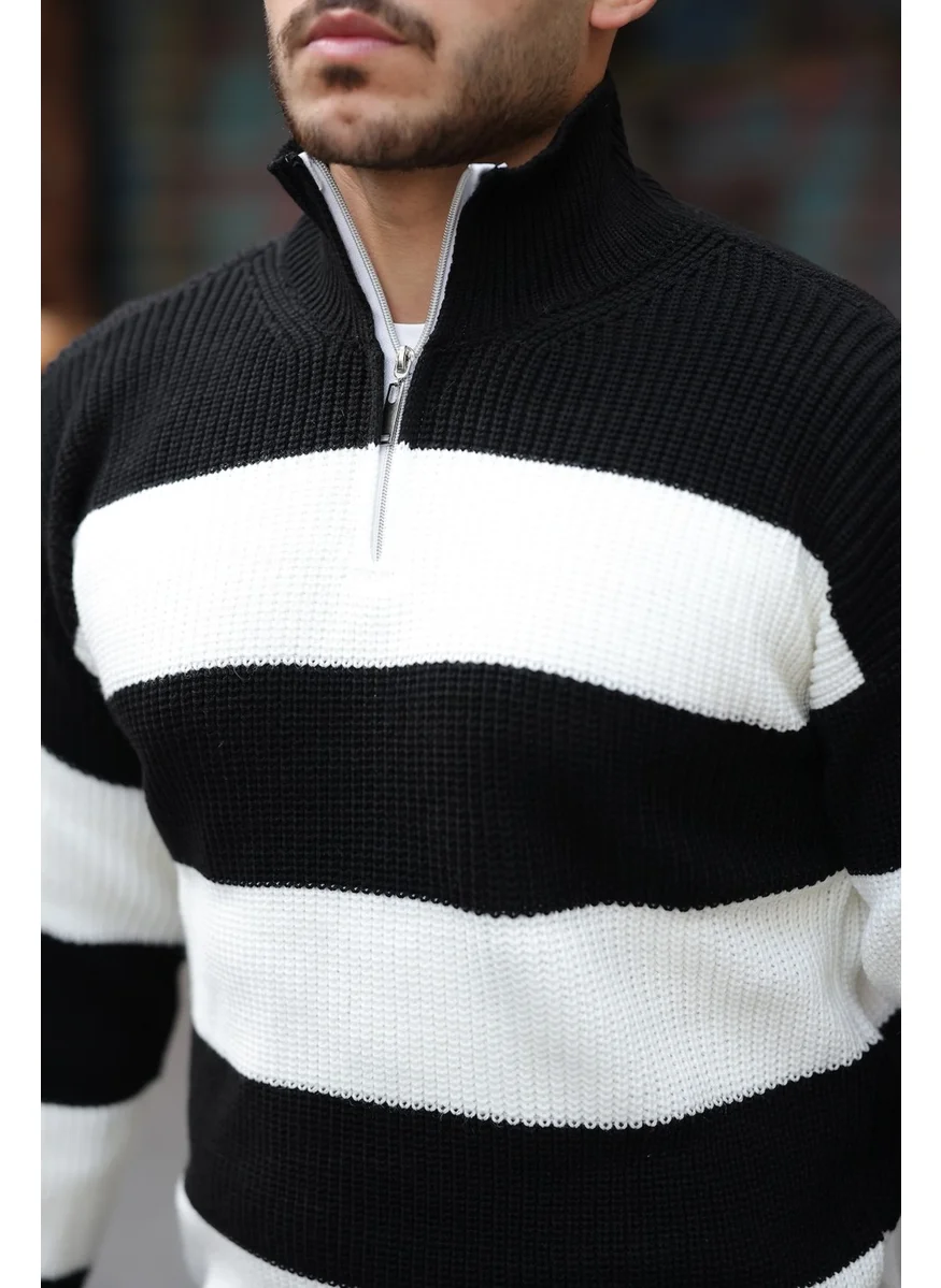 Valiberta Striped Selanik Knitted Half Zipper Knitwear Men's Sweater - Black