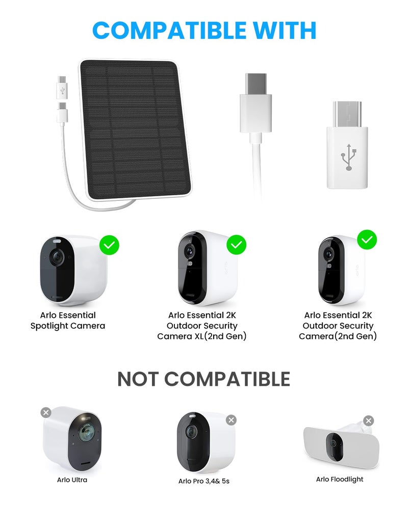 WININMETA Solar Panel Charger Compatible with Arlo Essential 2K Outdoor(2nd Gen)/Essential XL Camera(2nd Gen)/Essential Spotlight, 5W Solar Panel with IP65 Waterproof 10ft Micro USB-C Cable & Wall Mount, 3 Pack - Image 3