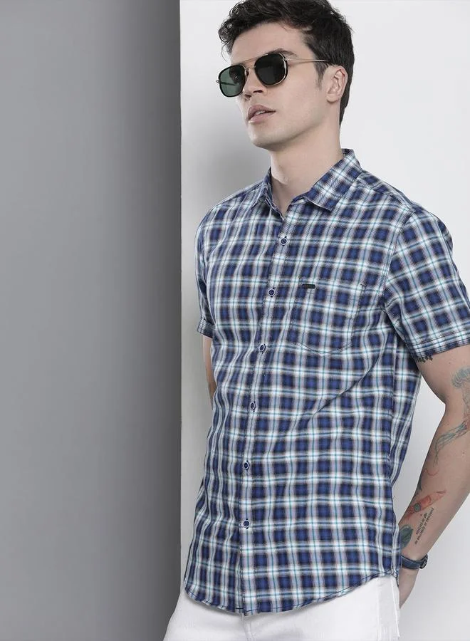 The Indian Garage Co The Indian Garage Co Men Navy Blue Slim Fit Checked Casual Shirt
