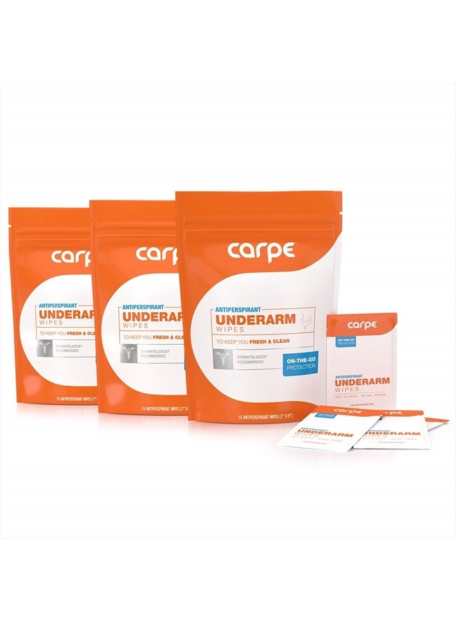 Carpe On-the-Go Antiperspirant Underarm Wipes (Pack of 3 Boxes) for Sweat Blocking, Deodorizing, and Cleansing When You're On the Move - 45 Residue Free, Individually Wrapped Wipes - Image 1