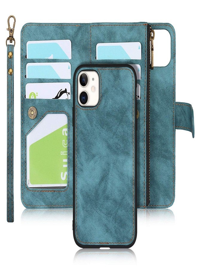 iCoverCase for iPhone 11 Wallet Case with Card Holder and Wrist Strap, PU Leather Kickstand Card Slots Zipper Pocket Magnetic [Detachable] Flip Cover Case 6.1 Inch (Blue) - Image 1