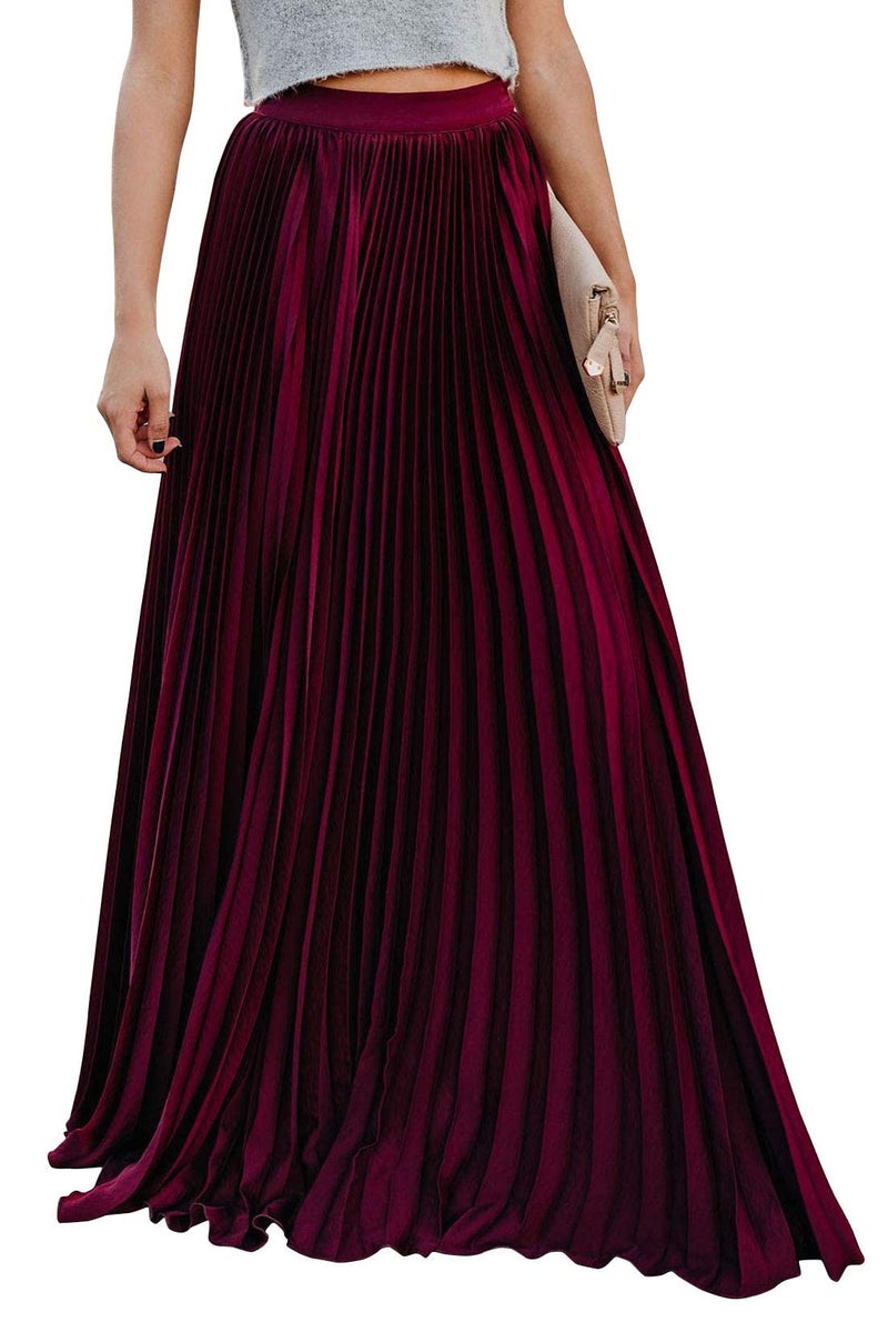 ebossy Women's High Waist Flowy Pleated Chiffon Maxi Skirt (Large, Wine) - Image 1