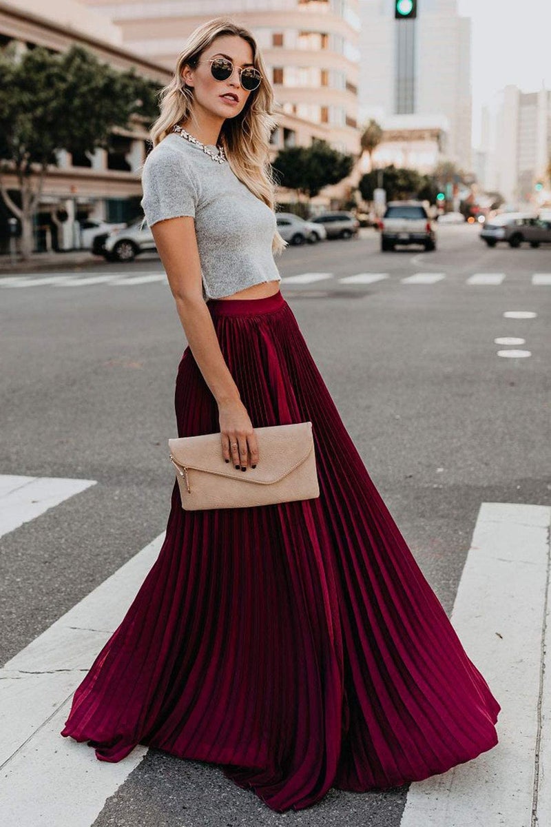 ebossy Women's High Waist Flowy Pleated Chiffon Maxi Skirt (Large, Wine) - Image 3