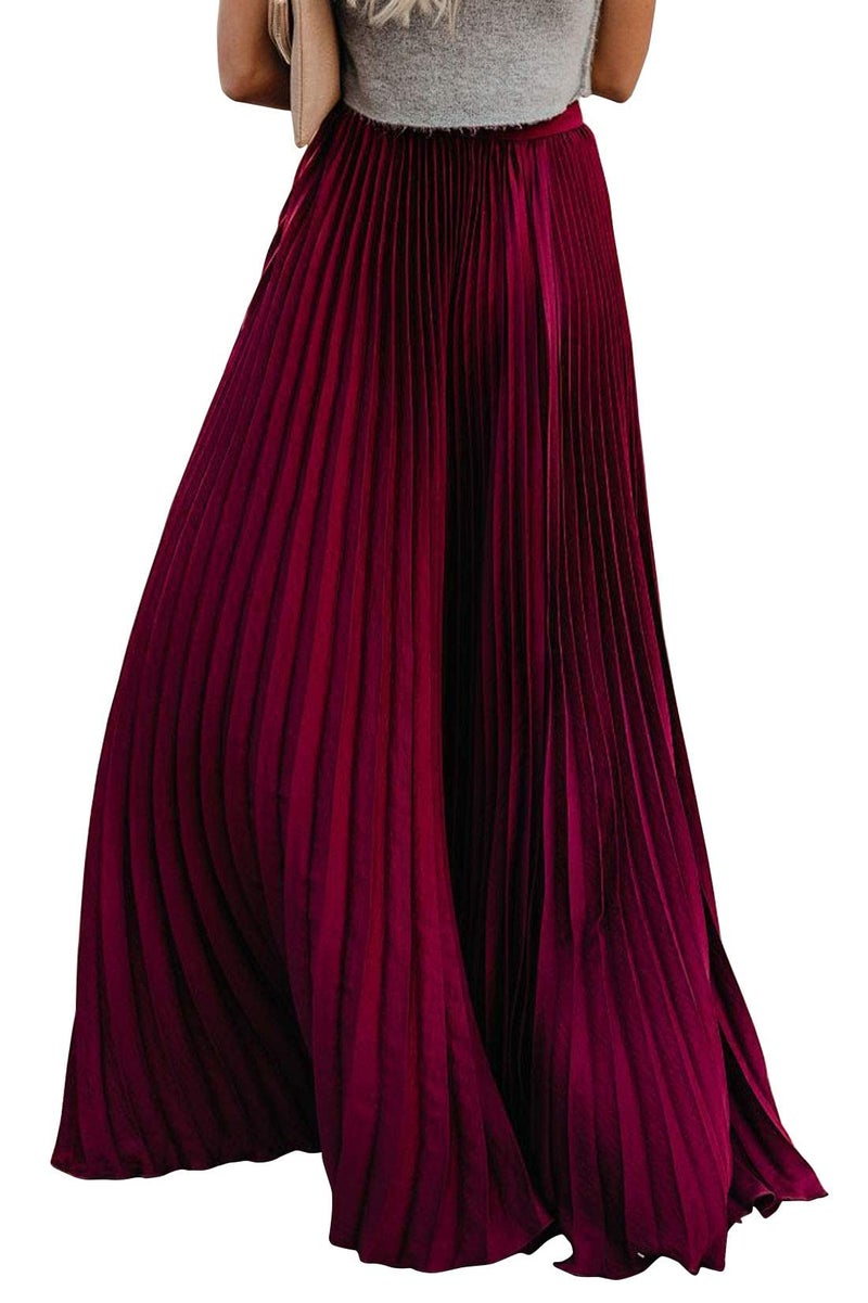 ebossy Women's High Waist Flowy Pleated Chiffon Maxi Skirt (Large, Wine) - Image 2
