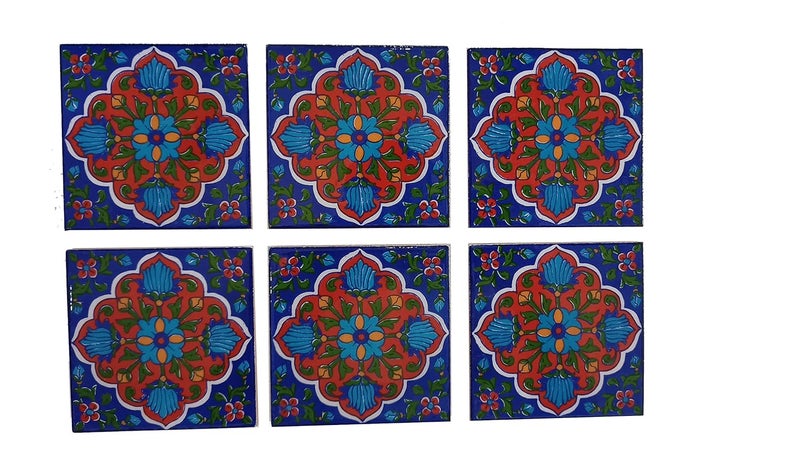 Shiv Kripa Blue Pottery Luxury Floral Decorative Crafted Tabletop Flooring Wall Interior Exterior Traditional 4 x 4 inch Tiles Pack of 6 Tiles Green