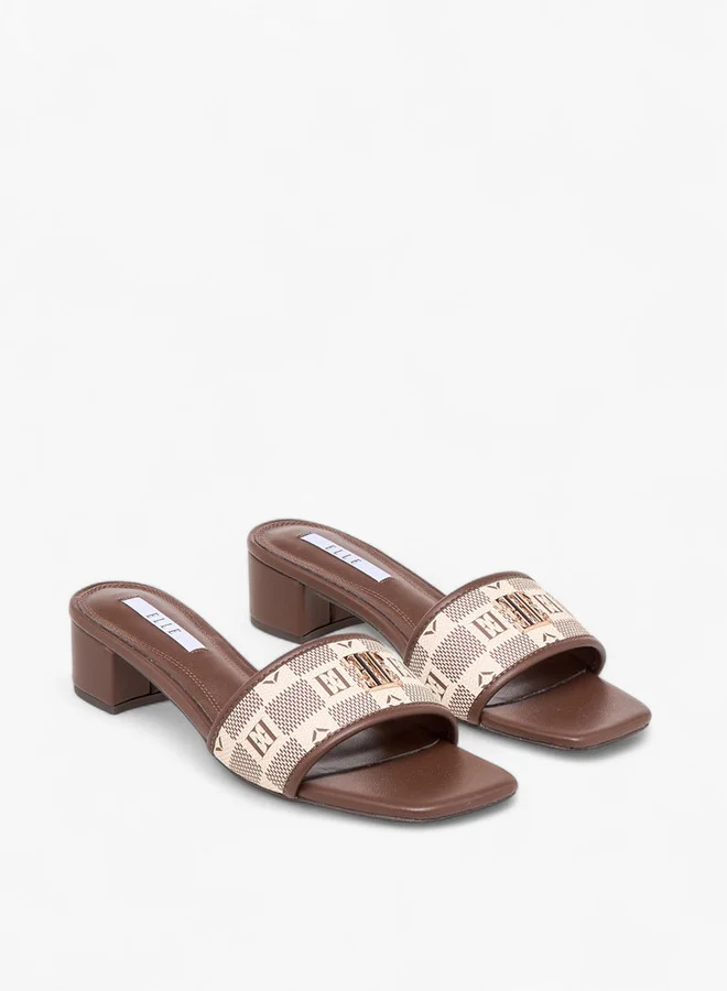ELLE Women's Monogram Print Slide Sandals with Block Heels