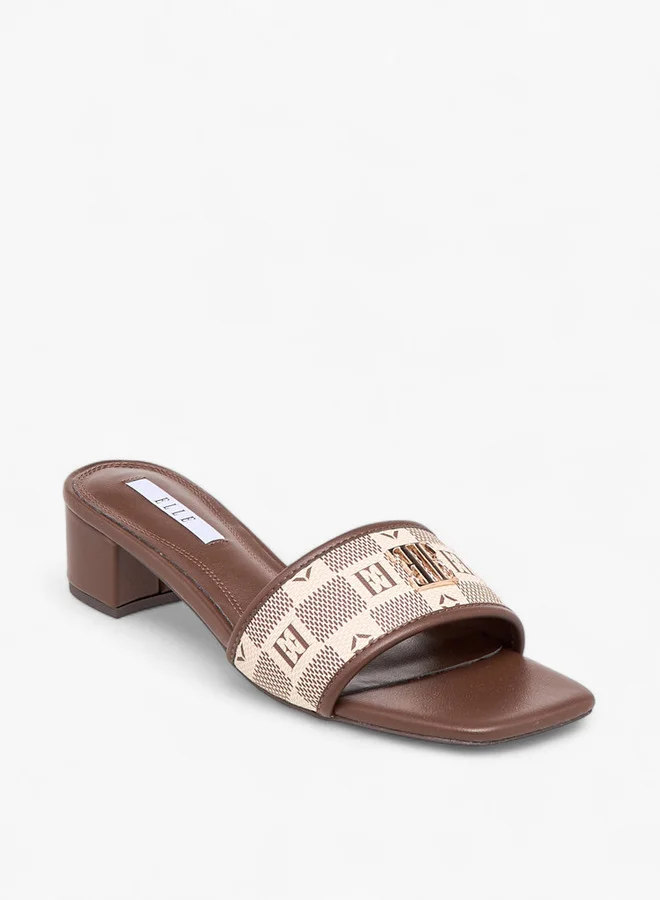 ELLE Women's Monogram Print Slide Sandals with Block Heels