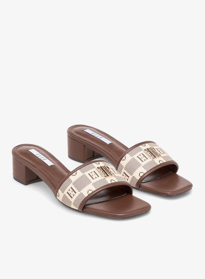 ELLE Women's Monogram Print Slide Sandals with Block Heels