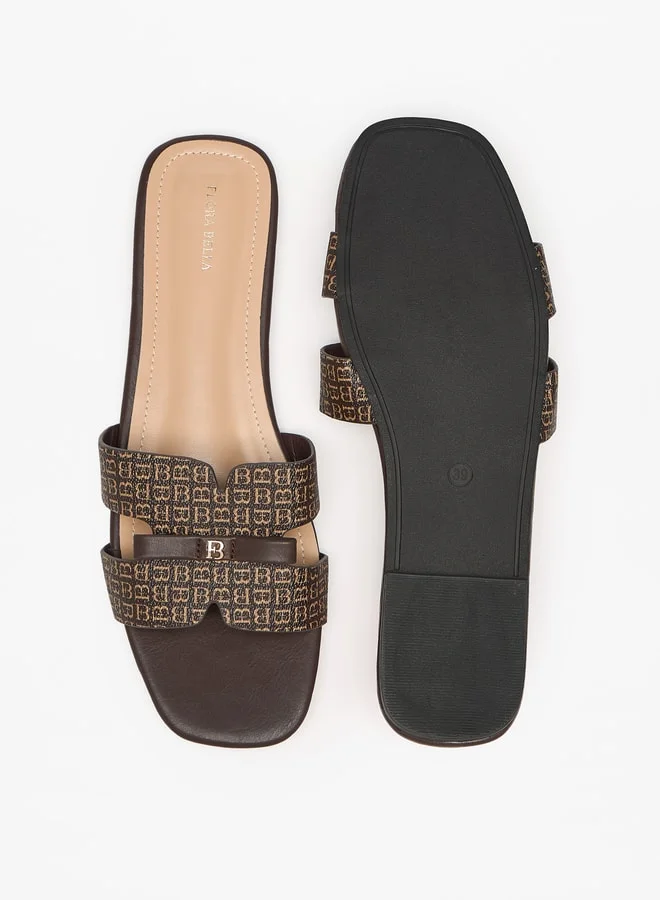 Flora Bella By Shoexpress Monogram Print Slip-On Sandals with Bow Applique