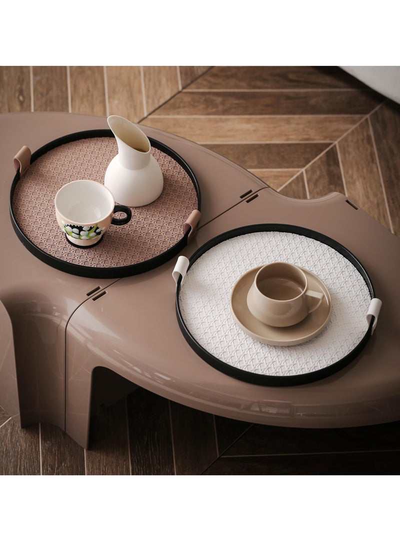 سيوسي صينية تقديم دائرية من الجلد بإطار خشبي أسود، صينية روطان مقاس 12 بوصة مع مقابض، صواني مزخرفة لطاولة القهوة، صينية تخزين قديمة لغرفة المعيشة، طاولة الزينة، ديكور المنزل - Image 5