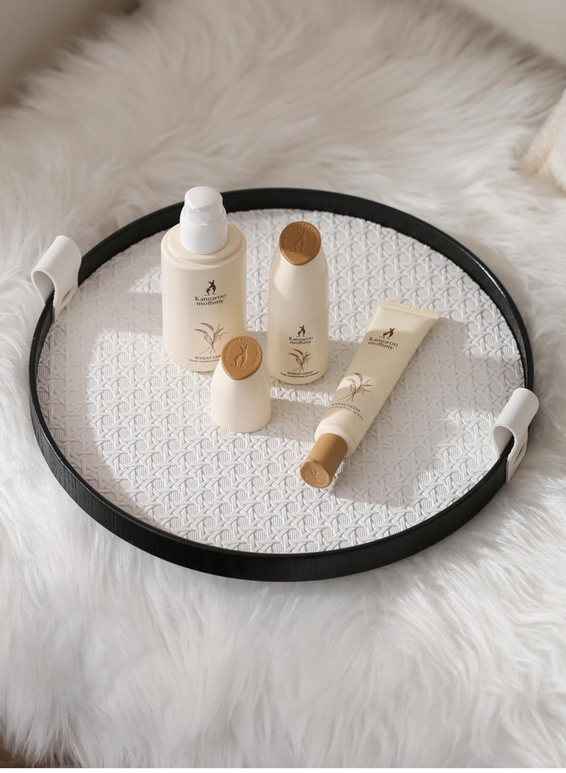 سيوسي صينية تقديم دائرية من الجلد بإطار خشبي أسود، صينية روطان مقاس 12 بوصة مع مقابض، صواني مزخرفة لطاولة القهوة، صينية تخزين قديمة لغرفة المعيشة، طاولة الزينة، ديكور المنزل - Image 1