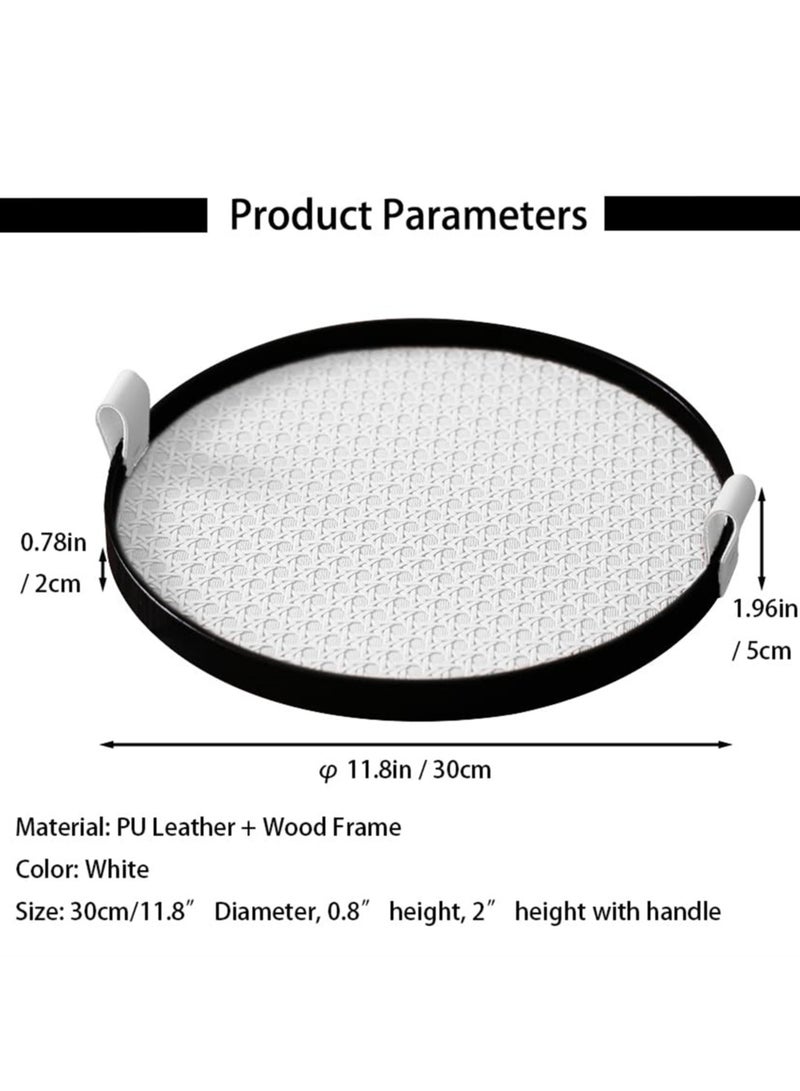 سيوسي صينية تقديم دائرية من الجلد بإطار خشبي أسود، صينية روطان مقاس 12 بوصة مع مقابض، صواني مزخرفة لطاولة القهوة، صينية تخزين قديمة لغرفة المعيشة، طاولة الزينة، ديكور المنزل - Image 4