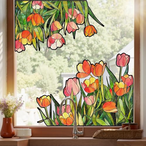 ADD.HERES Window Stickers, Stained Glass Window Privacy Film, UV Blocking Static Cling for Home Kitchen Office Bathroom, Tulip, 17.7" X 31.5" - Image 1