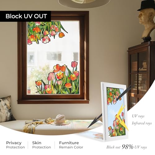 ADD.HERES Window Stickers, Stained Glass Window Privacy Film, UV Blocking Static Cling for Home Kitchen Office Bathroom, Tulip, 17.7" X 31.5" - Image 3