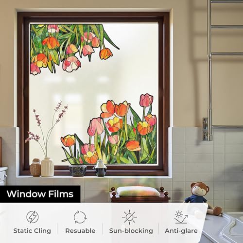 ADD.HERES Window Stickers, Stained Glass Window Privacy Film, UV Blocking Static Cling for Home Kitchen Office Bathroom, Tulip, 17.7" X 31.5" - Image 2