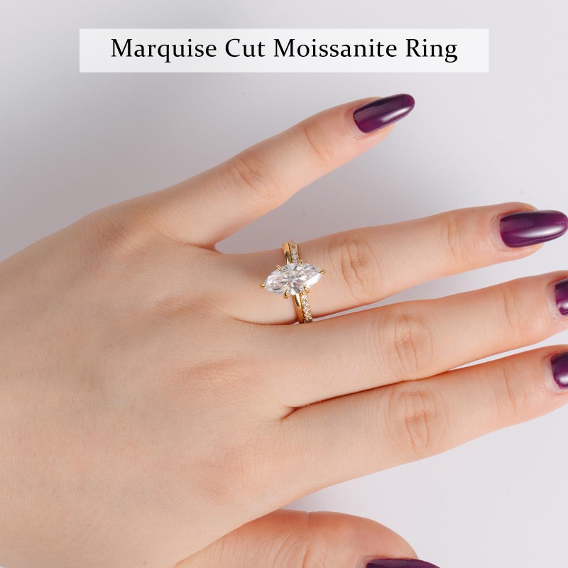 AVECON 4CT Moissanite Marquise Engagement Ring Set for Women, D Color VVS1 Clarity S925 Sterling Silver Promise Wedding Band, 14K Gold Plated Adjustable Bridal Gift with Certificate & Box, Size 9 - Image 3