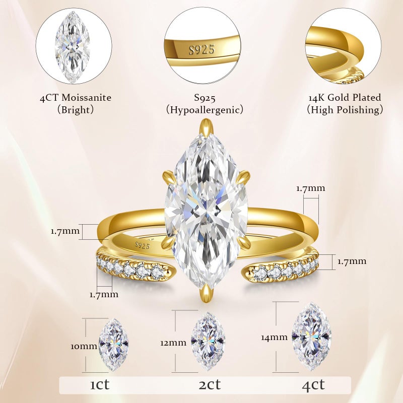 AVECON 4CT Moissanite Marquise Engagement Ring Set for Women, D Color VVS1 Clarity S925 Sterling Silver Promise Wedding Band, 14K Gold Plated Adjustable Bridal Gift with Certificate & Box, Size 9 - Image 5