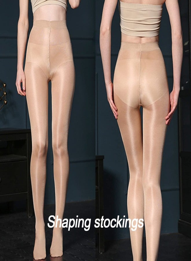 هترويا جوارب نسائية لامعة من HTRUIYA، عالية المرونة، جوارب رقص ضيقة، جوارب عالية الخصر للتحكم، لون بيج 60D - Image 3