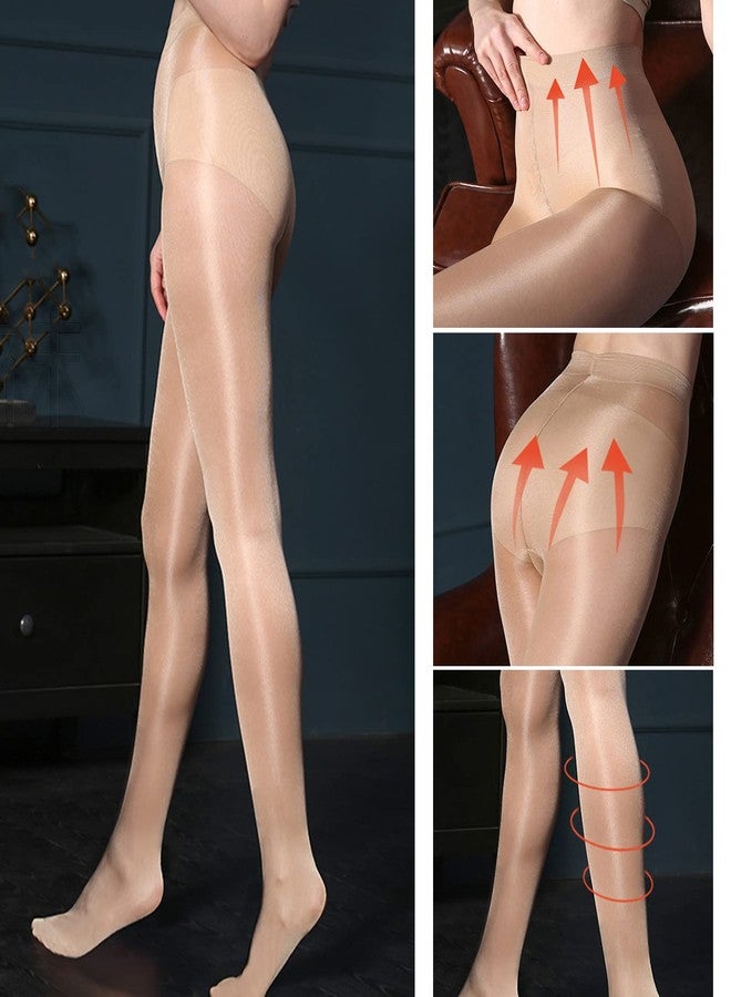 هترويا جوارب نسائية لامعة من HTRUIYA، عالية المرونة، جوارب رقص ضيقة، جوارب عالية الخصر للتحكم، لون بيج 60D - Image 4