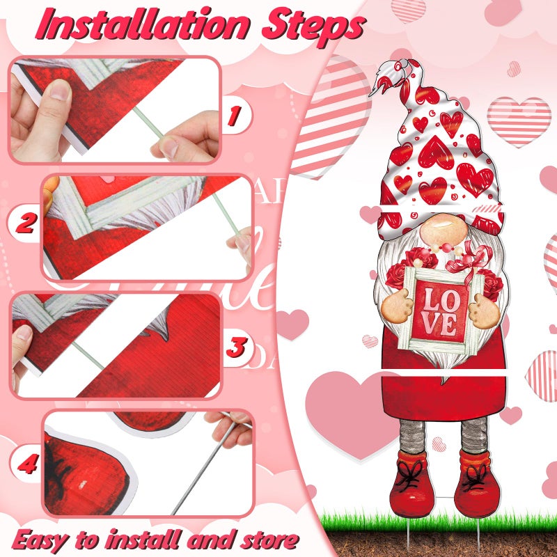 Baquler 3 Pcs Valentineâ€˜s Day Yard Sign Gnome Outdoor Decorations with Stakes LED Lighted Lawn Gnomes Heart Flower Love Outdoor Sign for Valentine Party Anniversary Wedding Lawn Garden Yard - Image 3