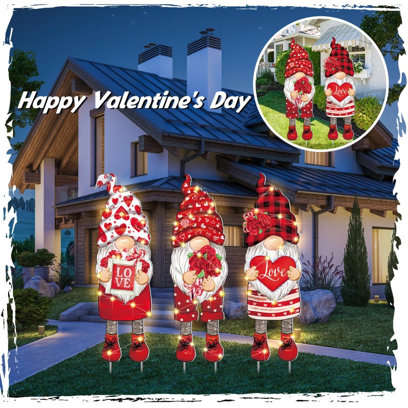 Baquler 3 Pcs Valentineâ€˜s Day Yard Sign Gnome Outdoor Decorations with Stakes LED Lighted Lawn Gnomes Heart Flower Love Outdoor Sign for Valentine Party Anniversary Wedding Lawn Garden Yard - Image 5