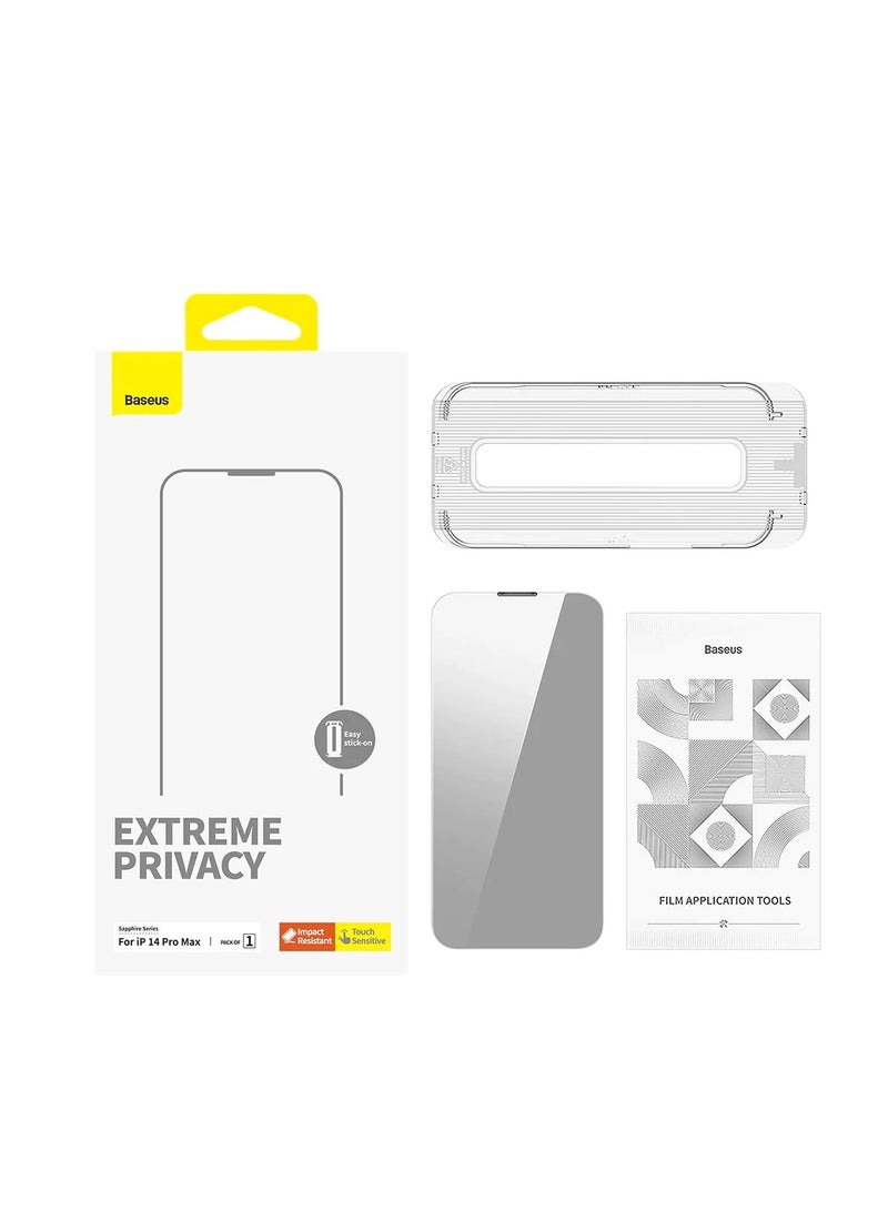 بيسوس OS-Baseus Sapphire Series Privacy Protection Tempered Glass Screen Protector (with Dust Filter) for iP 14 Pro, Clear (Pack of 1, with cleaning kit and dust-proof installation tool) Clear - Image 1