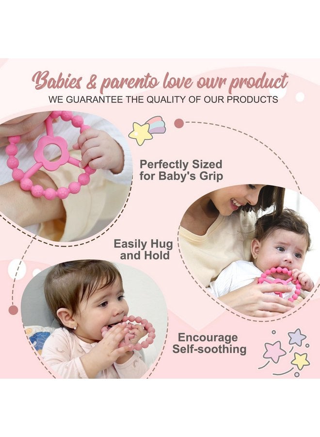 duludulu 4 Pack Silicone Baby Teething Toys, Teething Rings for Babies 0-6 6-12 Months Newborn Baby Teethers Girl Relief Soothe Baby's Gums Infant Toys Gifts Baby Girls Boys Sweet Pink
